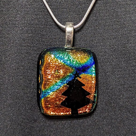 Rula Glass Jewelry - Signed CHRISTMAS TREE Etch Orange & Blue Dichroic Glass Pendant w/Sterling Chain
